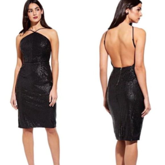 NWT ADRIANNA PAPELL Black Sequin Mini Midi Dress XS Backless Strappy Party Sexy - Picture 6 of 13